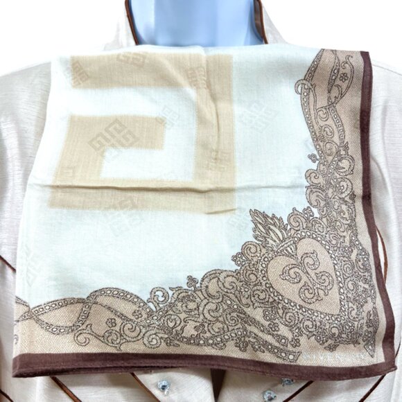 New Set of 2 GIVENCHY Handkerchief 18" CottonSsilk Brown beige Embroidered (32) - Picture 3 of 8